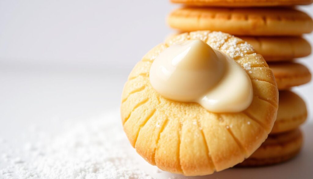 A close-up photograph of a stack of freshly baked madeline cookies, their delicate ridges and golden-brown tops glistening under soft, even lighting. In the foreground, a dollop of rich, creamy filling tops each cookie, its silky texture contrasting with the spongy, buttery crumb. The middle ground features a scattering of powdered sugar, adding a light dusting to the scene. The background is a clean, minimalist setting, allowing the cookies to take center stage and their flavors to shine. The overall mood is one of indulgence and artisanal craftsmanship, capturing the essence of the "How Cream Affects Texture and Flavor" section.