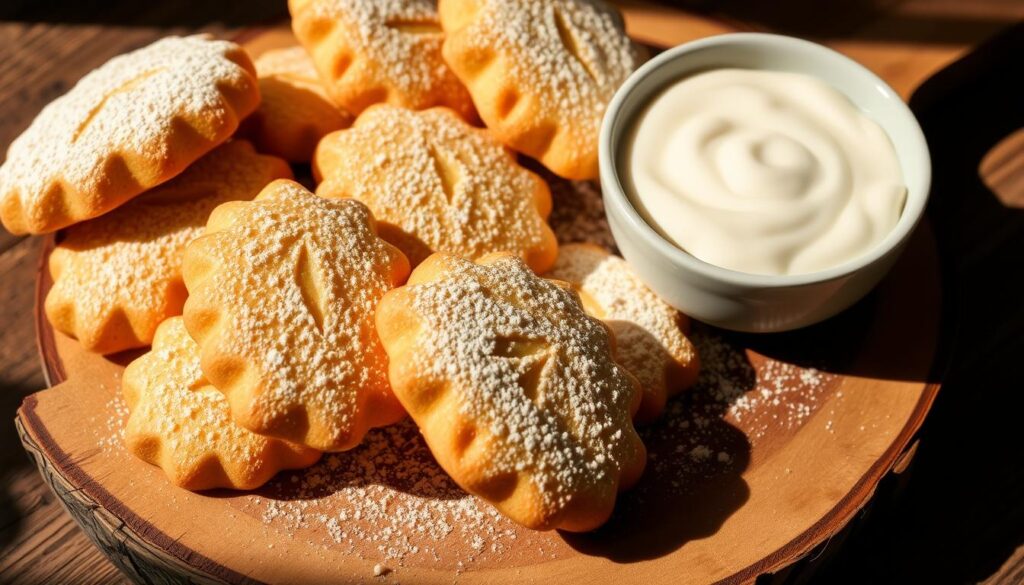 Homemade madeleine cookies arranged on a rustic wooden board, dusted with powdered sugar and accompanied by a small bowl of thick, creamy vanilla sauce for dipping. The cookies are golden-brown with delicate scalloped edges, freshly baked and exuding a comforting, buttery aroma. Soft natural lighting from the side casts gentle shadows, highlighting the delicate texture of the spongy cakes. The setting is warm and inviting, with a sense of homemade charm and artisanal craftsmanship. The emphasis is on the simple pleasures of homemade baking and the classic flavor pairing of the madeleine and rich cream.